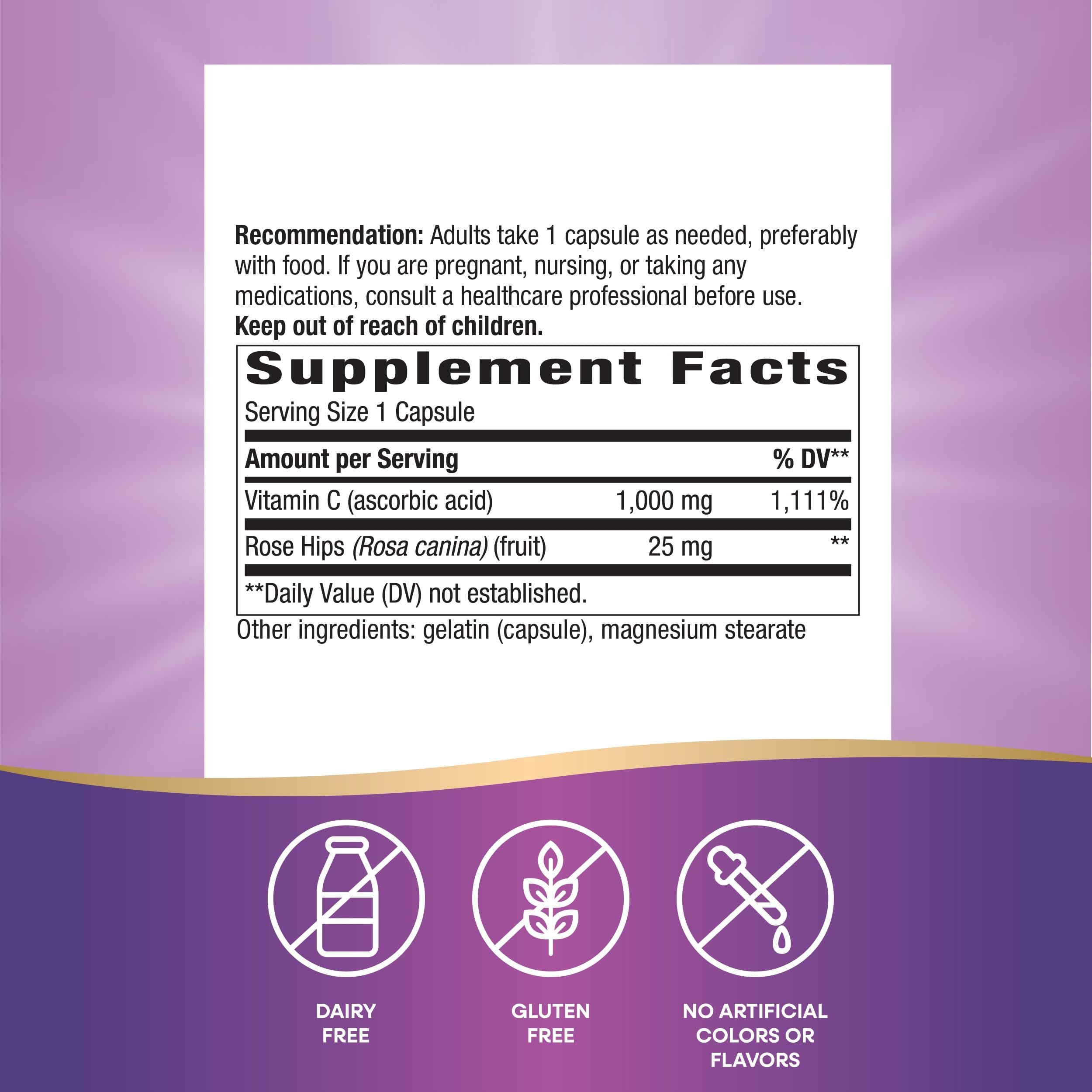 Close-up of label showing 1,000 mg vitamin C per serving and 25 mg rose hips