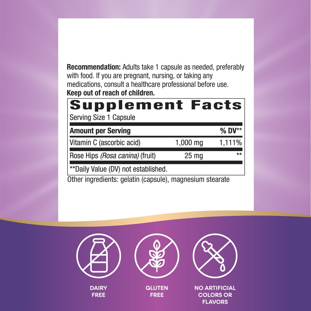 Close-up of label showing 1,000 mg vitamin C per serving and 25 mg rose hips