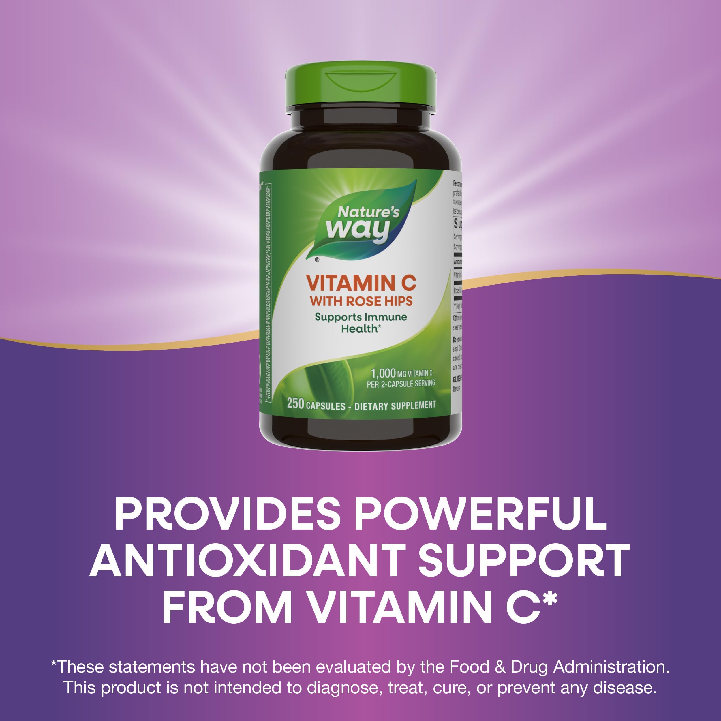 Two capsules of Nature's Way Vitamin C with Rose Hips beside the bottle