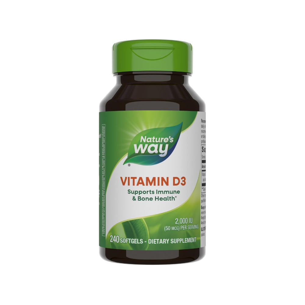 Nature's Way Vitamin D3 Extra Strength bottle with 240 softgels supports bone health