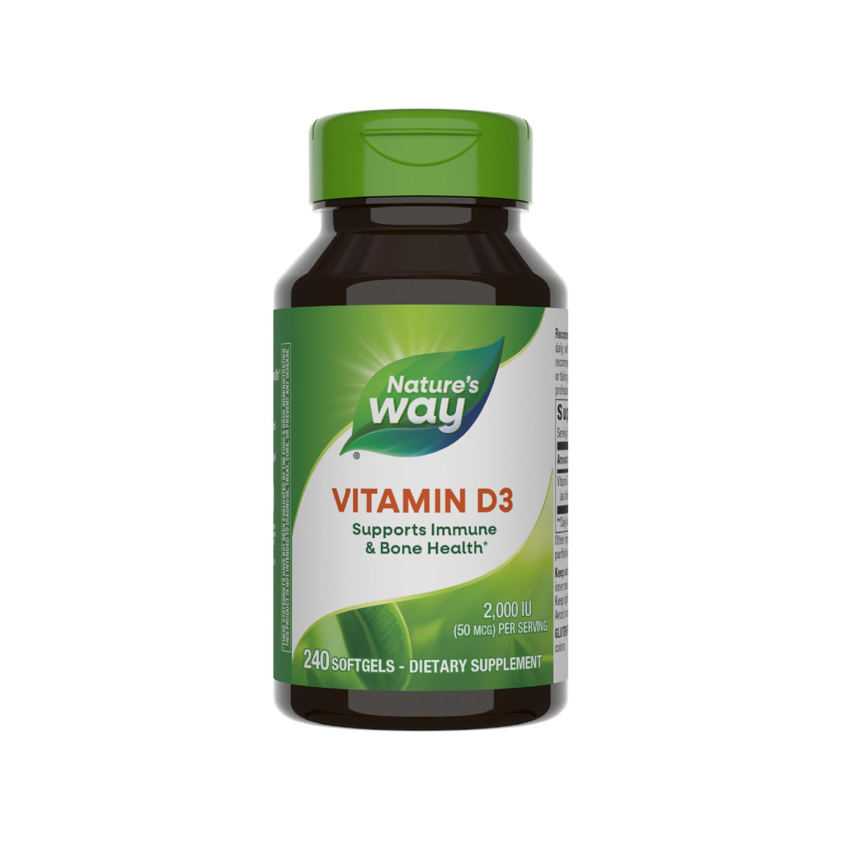 Nature's Way Vitamin D3 Extra Strength bottle with 240 softgels supports bone health