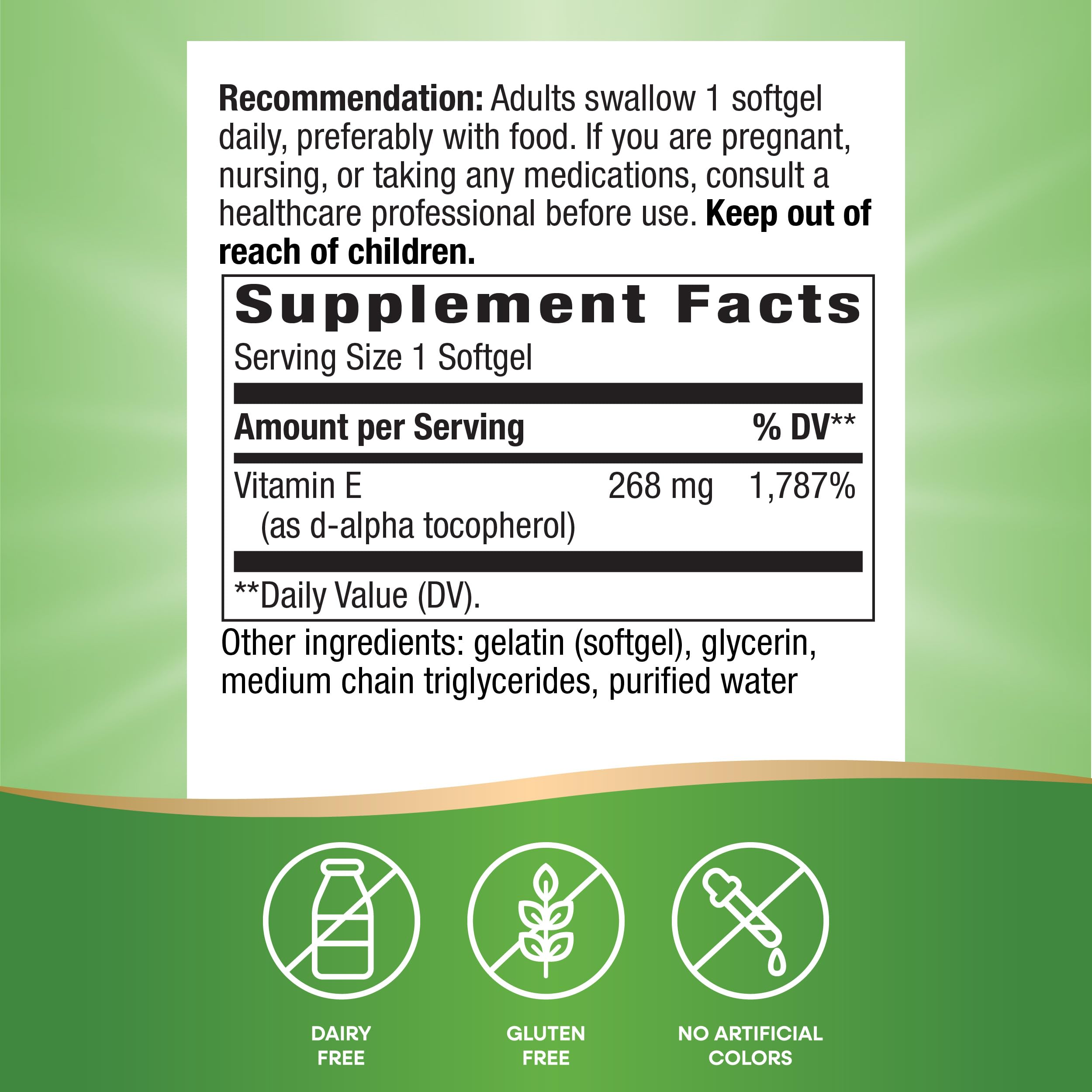 Product label showing Vitamin E D-Alpha Tocopherol 268 mg per serving