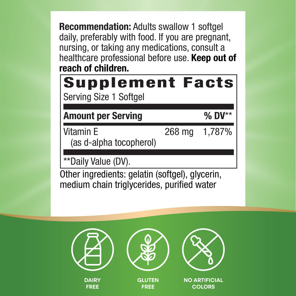 Product label showing Vitamin E D-Alpha Tocopherol 268 mg per serving