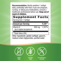 Product label showing Vitamin E D-Alpha Tocopherol 268 mg per serving