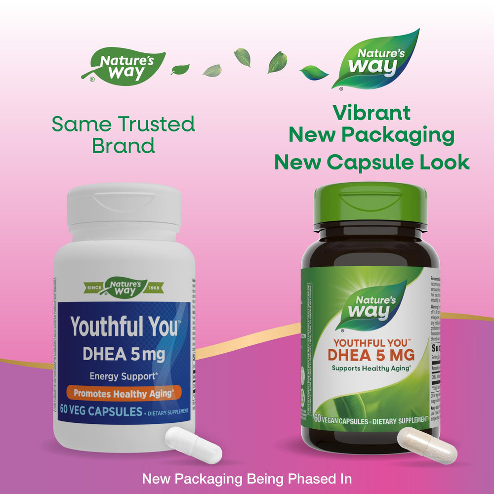 Vegan capsules inside Nature's Way Youthful You DHEA bottle