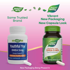 Vegan capsules inside Nature's Way Youthful You DHEA bottle