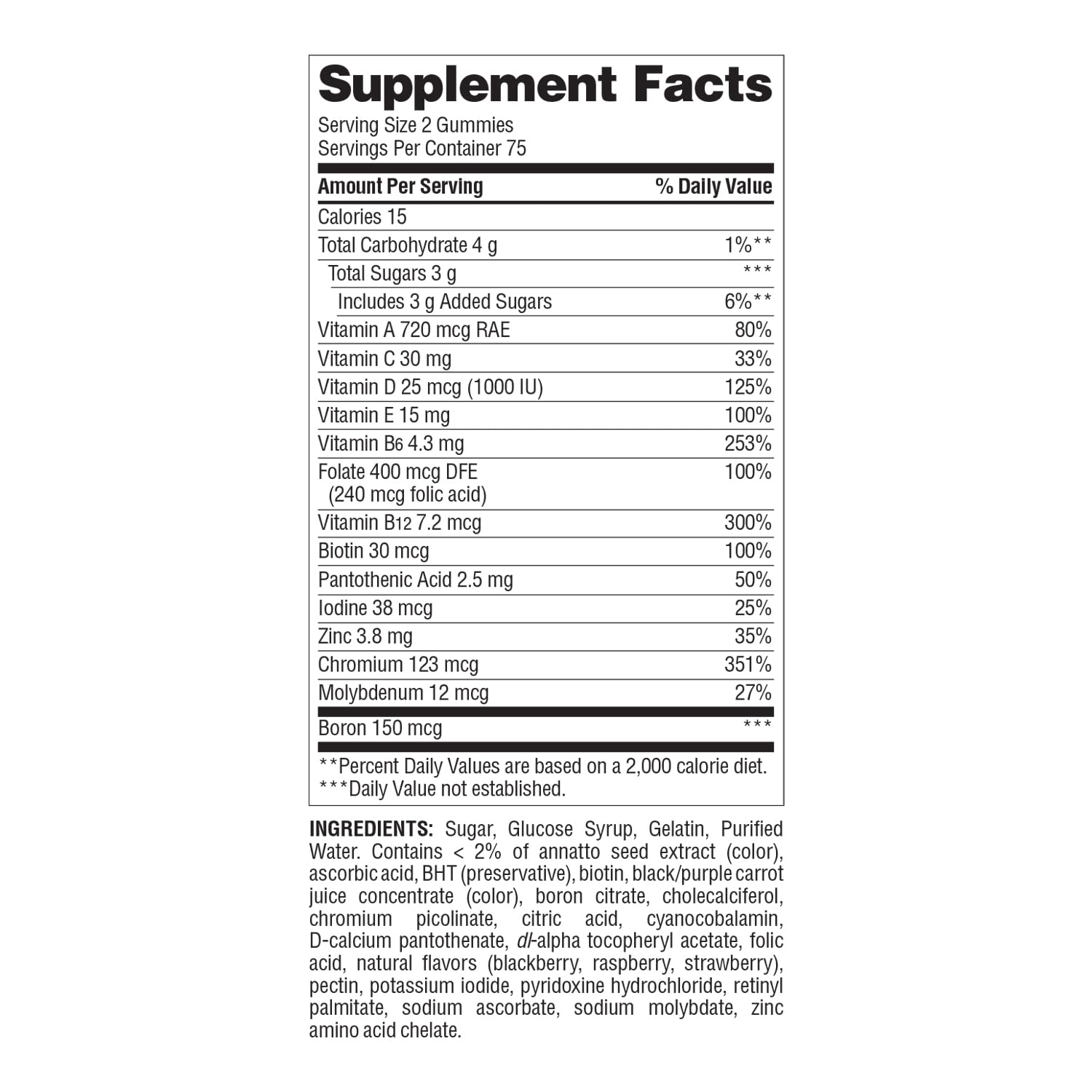 Back of bottle listing ingredients and supplement facts