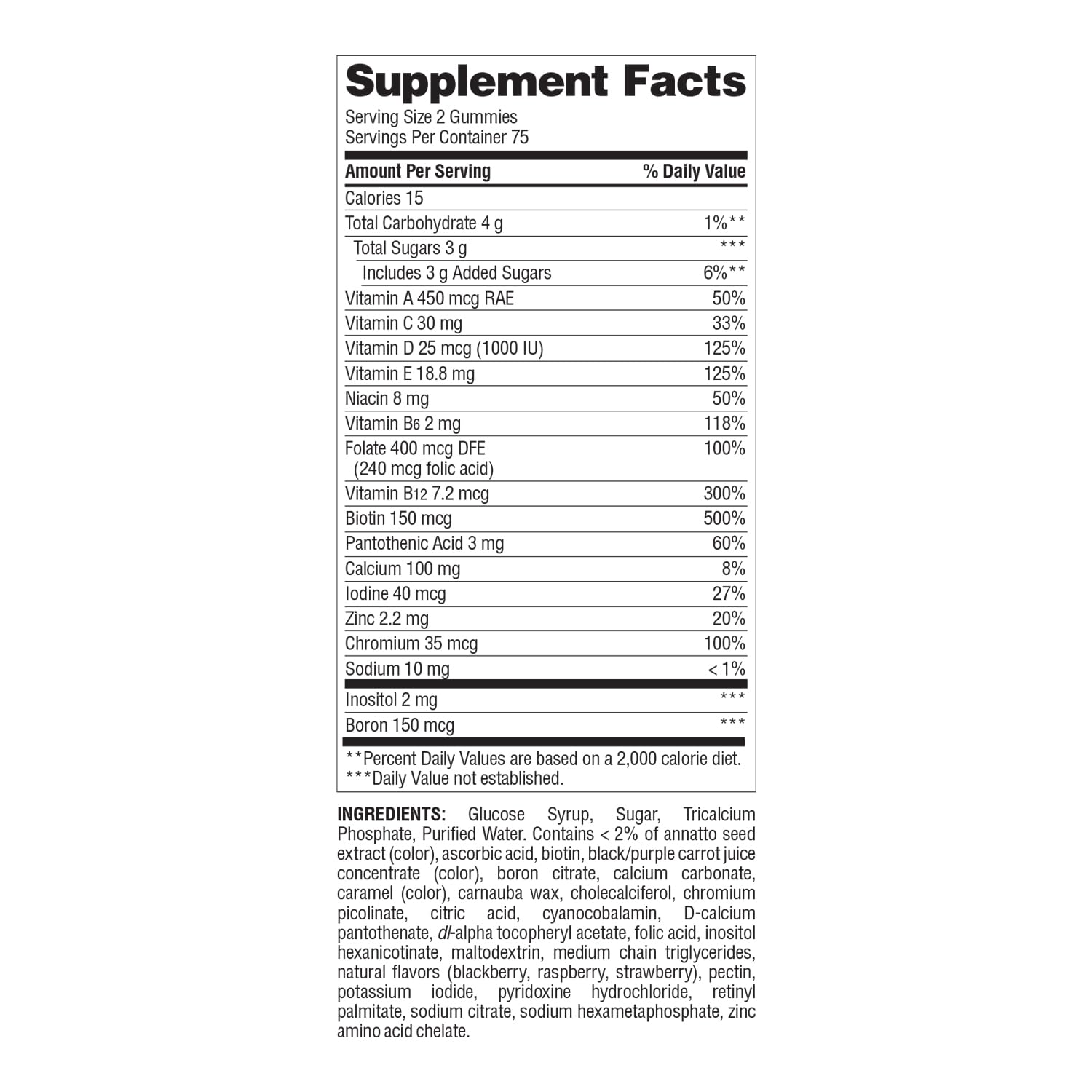 Nutrition label showcasing essential vitamins