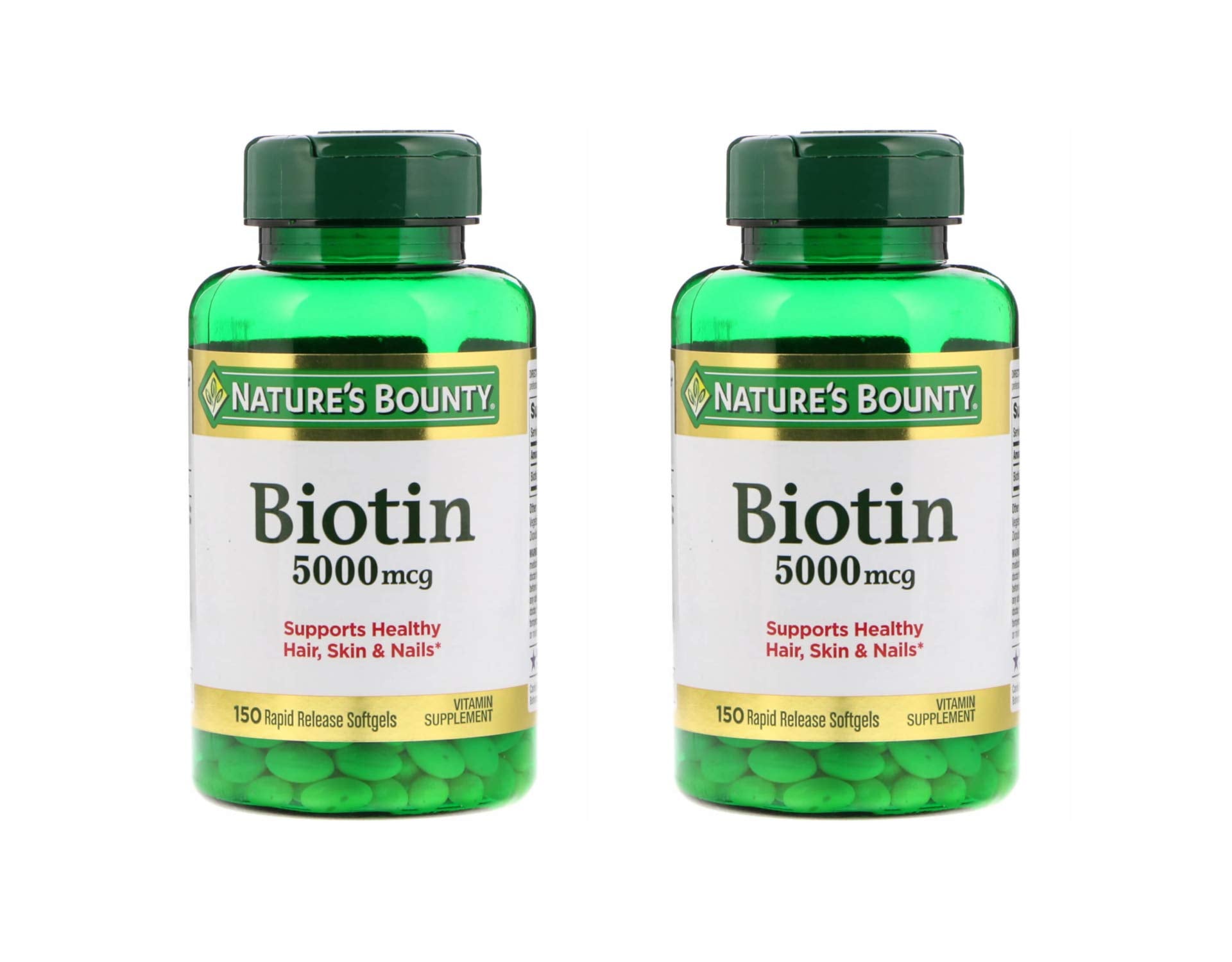 Nature's Bounty Biotin 5000 mcg bottle with 150 softgels, set of 2