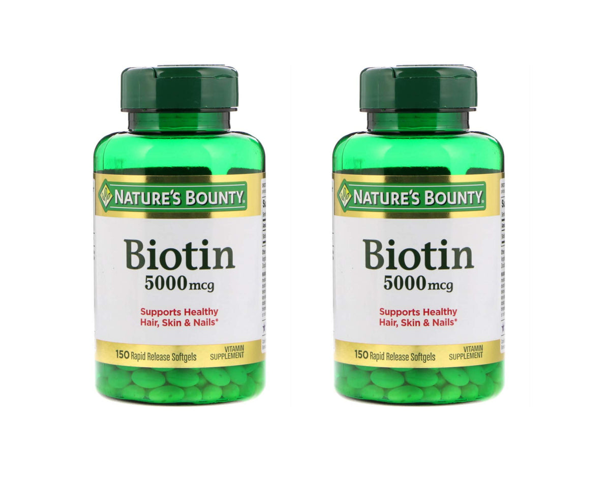 Nature's Bounty Biotin 5000 mcg bottle with 150 softgels, set of 2