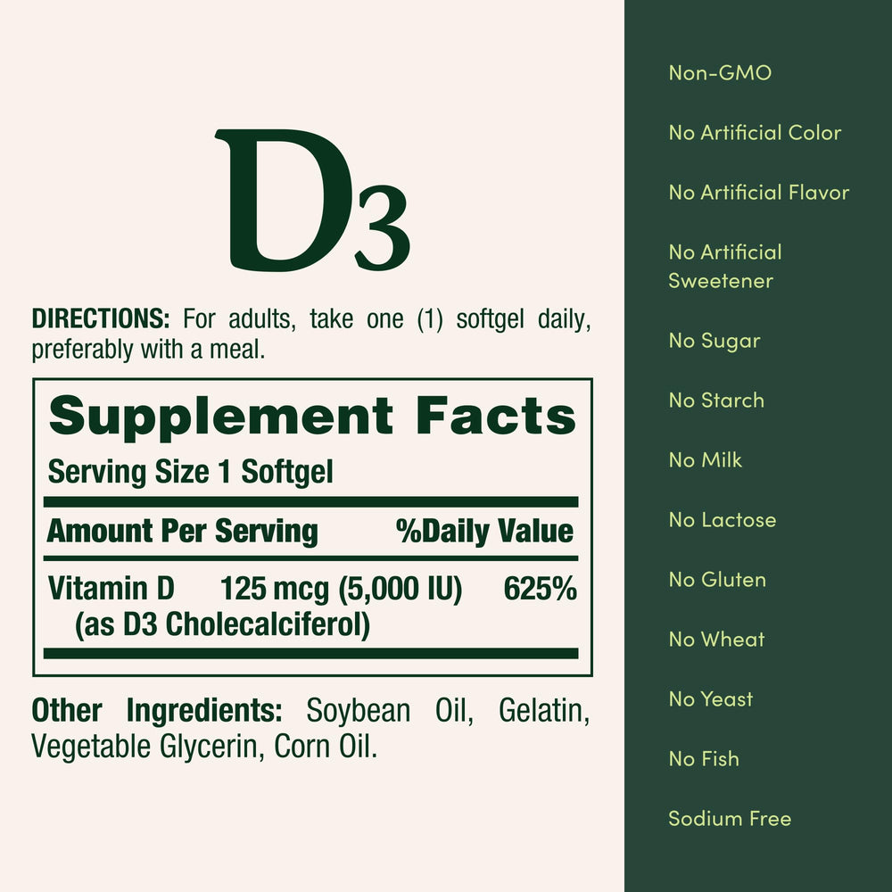 Supplement facts and ingredients panel for Nature's Bounty Vitamin D3