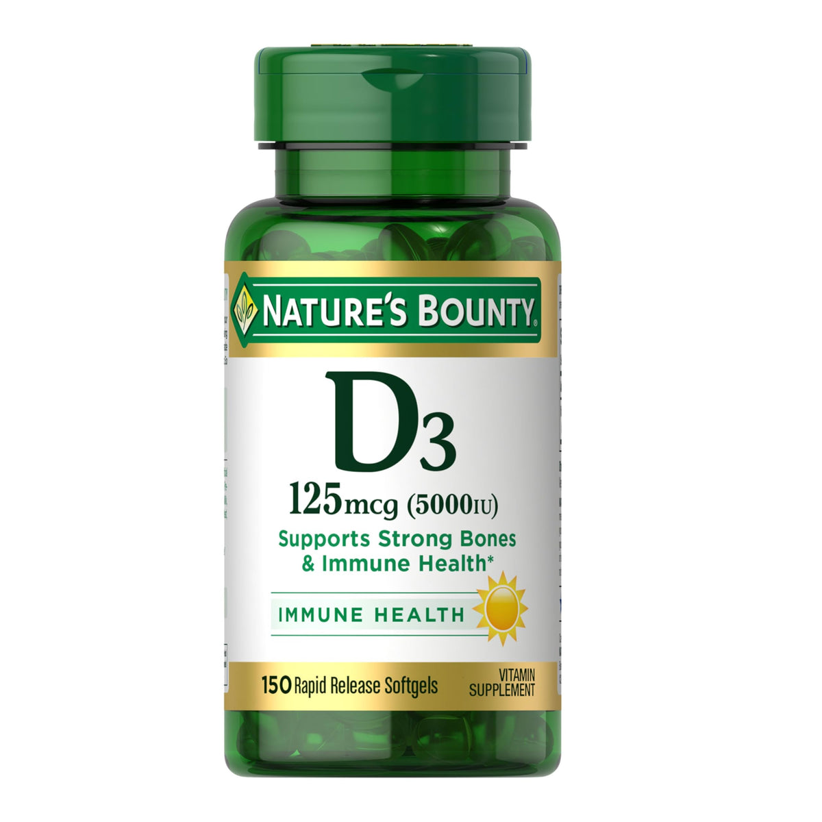 Front view of Nature's Bounty Vitamin D3 5000 IU Softgels bottle, 150 count