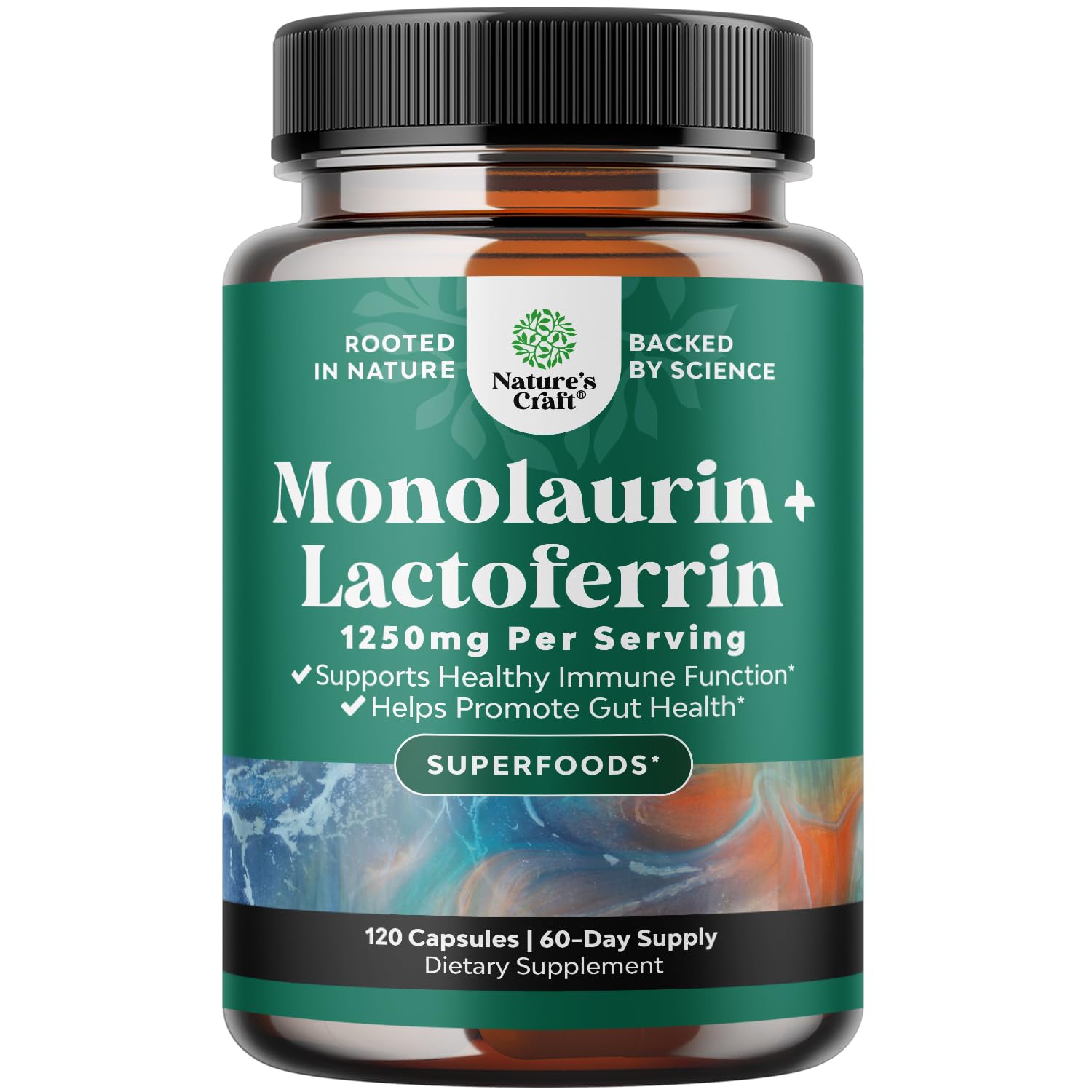 Natures Craft Lactoferrin & Monolaurin supplement bottle - front view