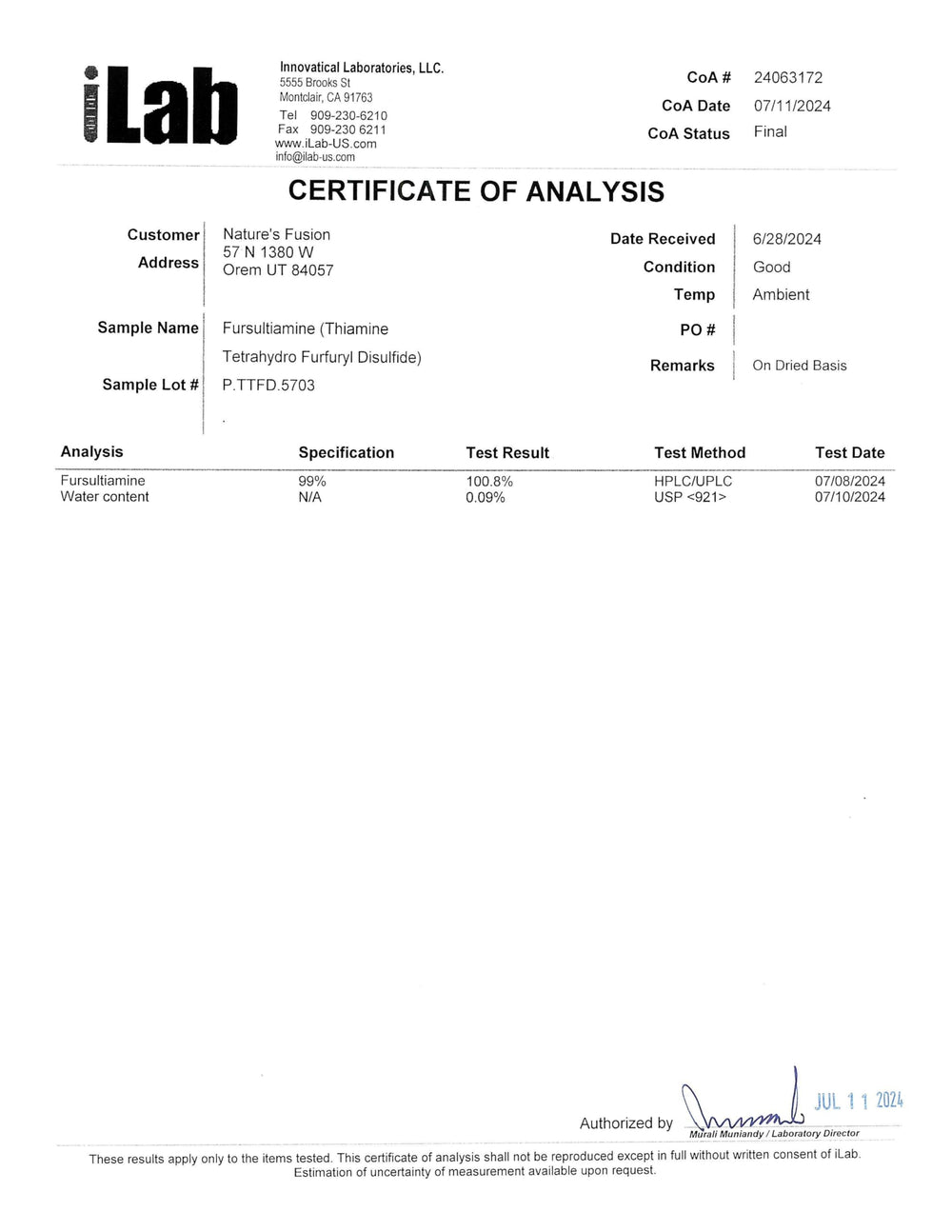 Third-party lab test certificate image