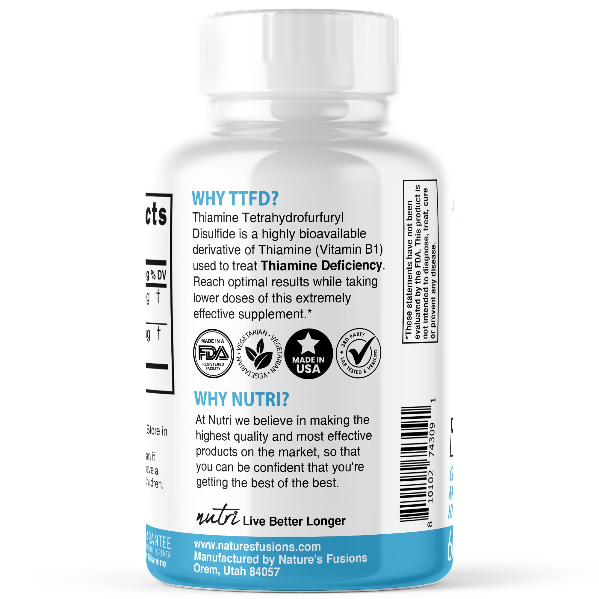 Nutrition label for Nature's Fusions TTFD Thiamine B1