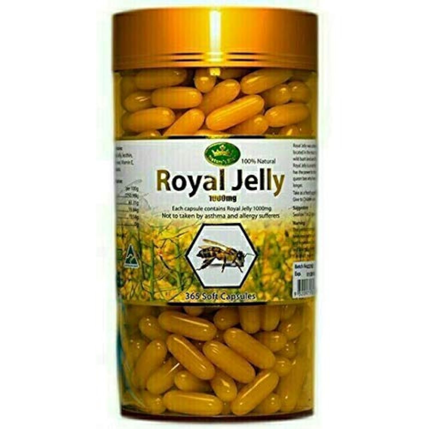Front view of Nature's King Royal Jelly 1000 mg bottle with 365 tablets
