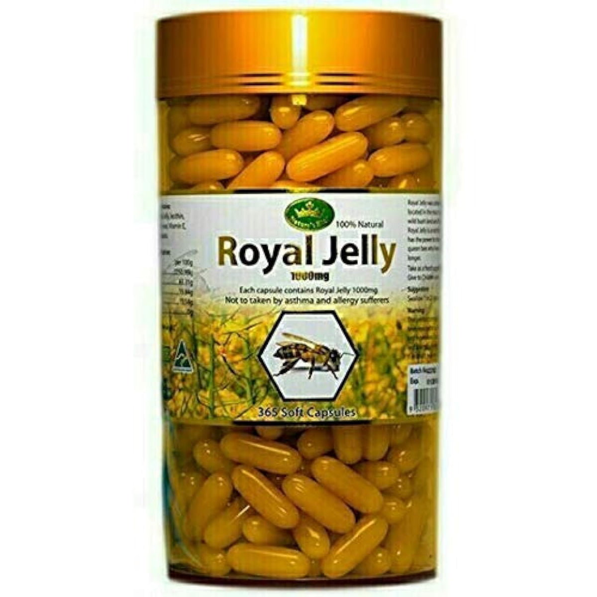 Front view of Nature's King Royal Jelly 1000 mg bottle with 365 tablets