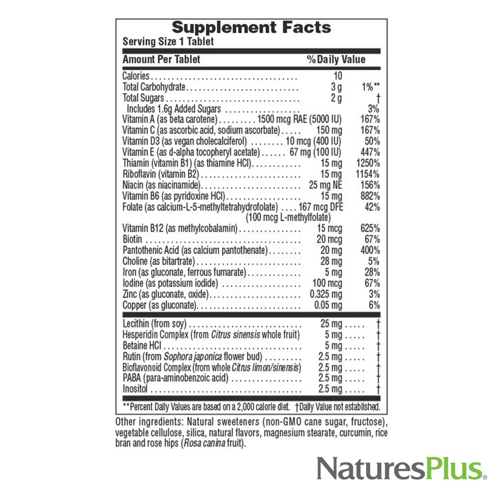 Label highlighting 12 vitamins and 7 minerals in the multivitamin
