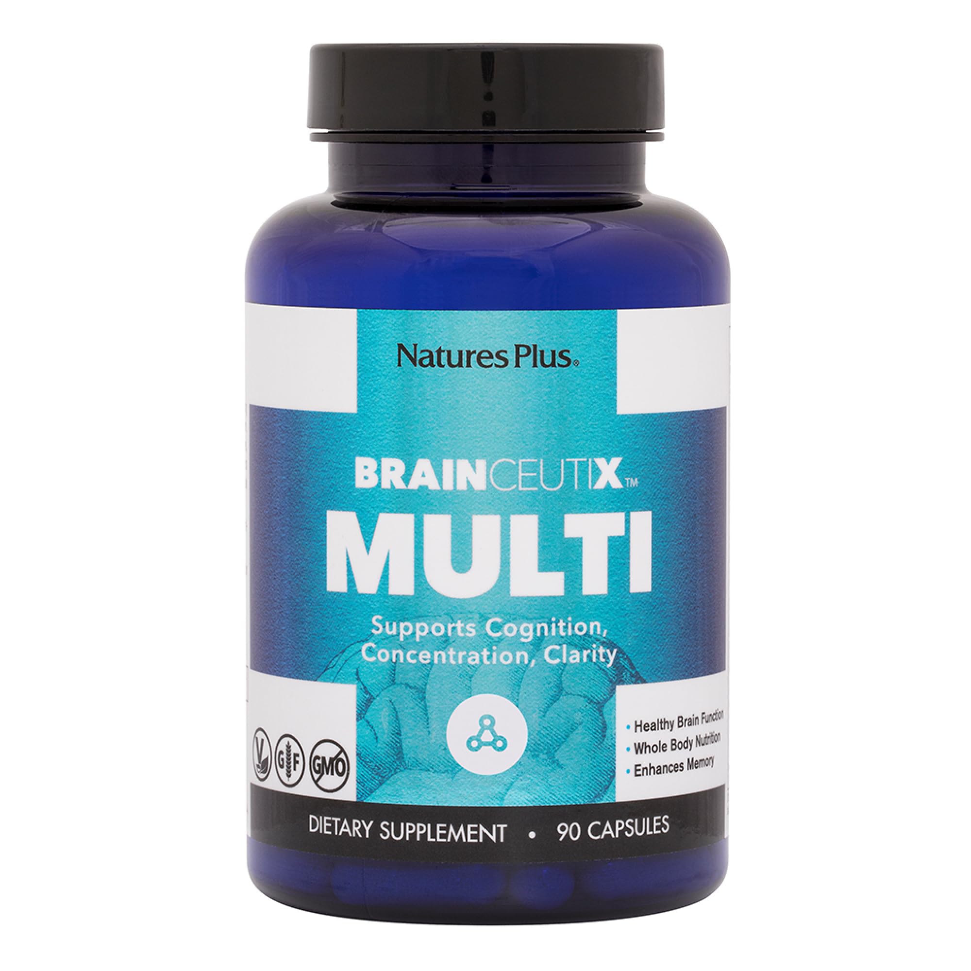 Bottle of Nature's Plus BrainCeutix Multivitamin Capsules with label