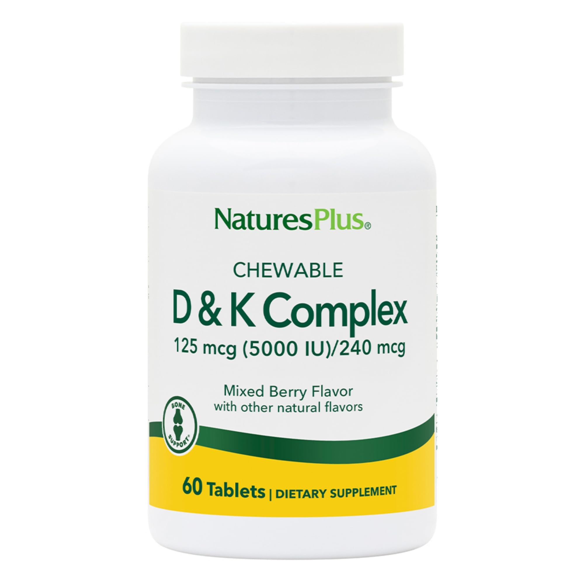 Natures Plus D & K Complex bottle label with 60 mixed berry chewables