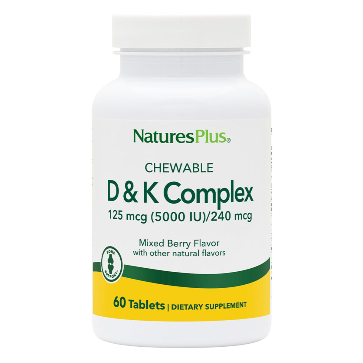 Natures Plus D & K Complex bottle label with 60 mixed berry chewables