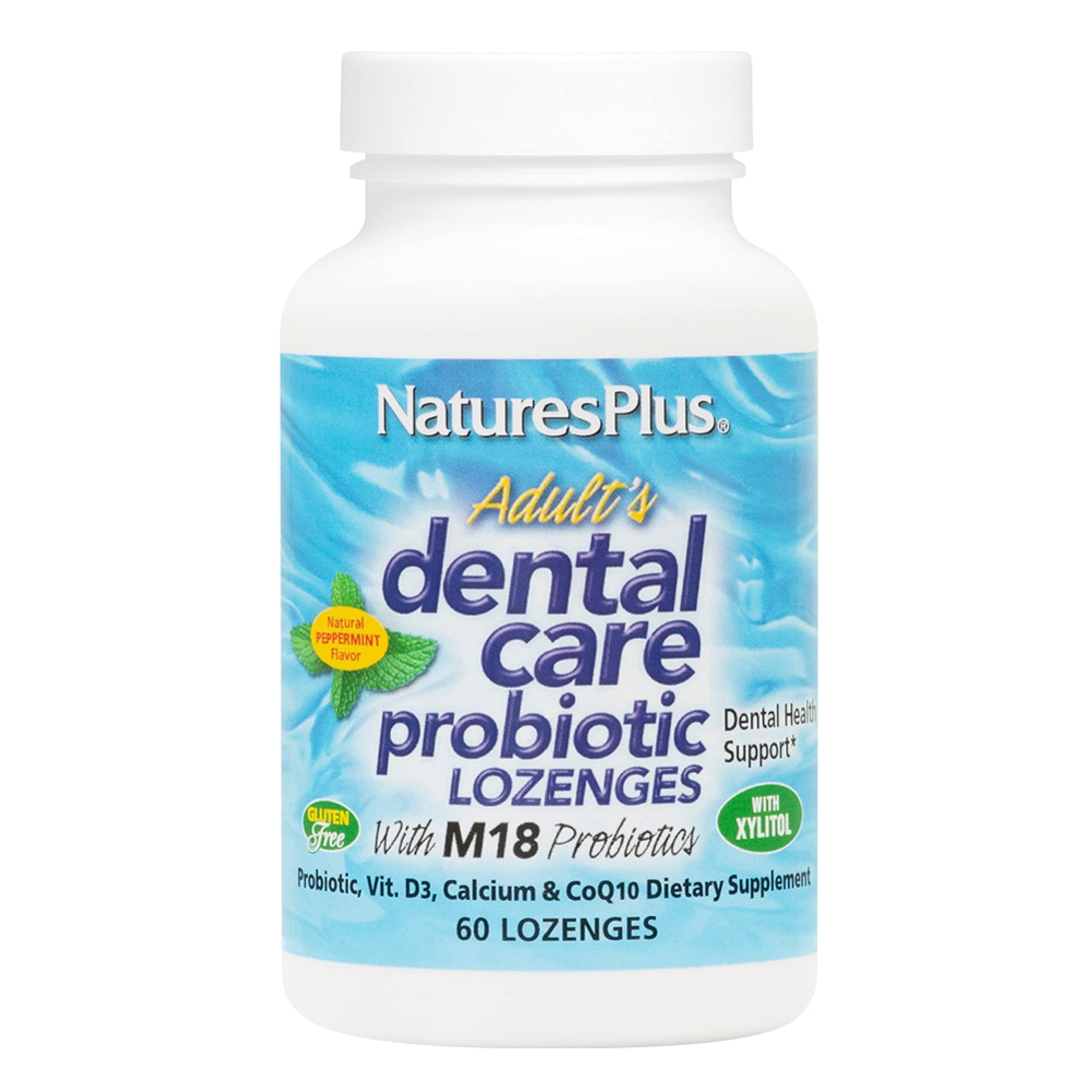 Natures Plus Adults Dental Care Probiotic bottle with peppermint lozenges