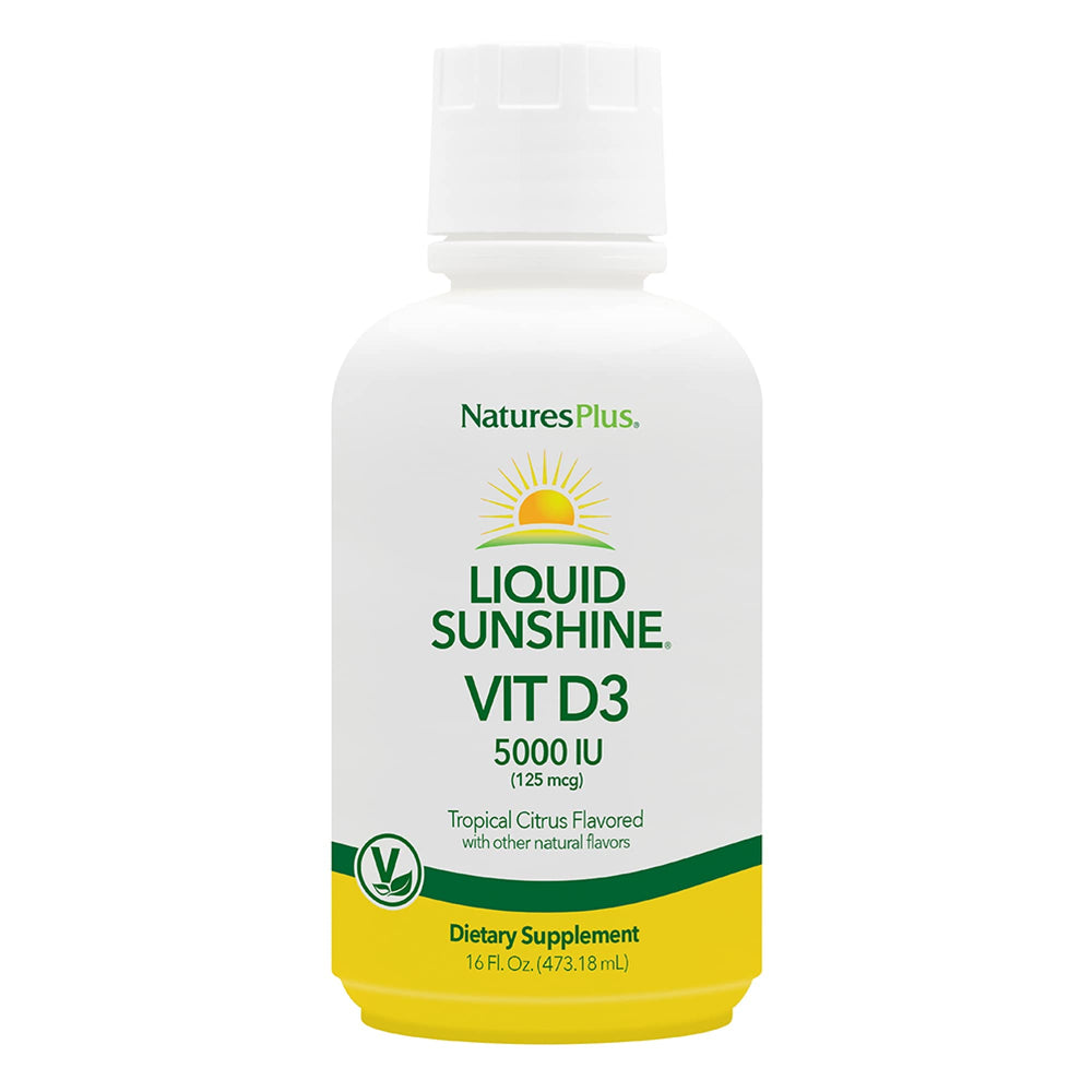 Bottle front of Natures Plus Liquid Sunshine Vitamin D3 5000 IU Tropical Citrus flavor