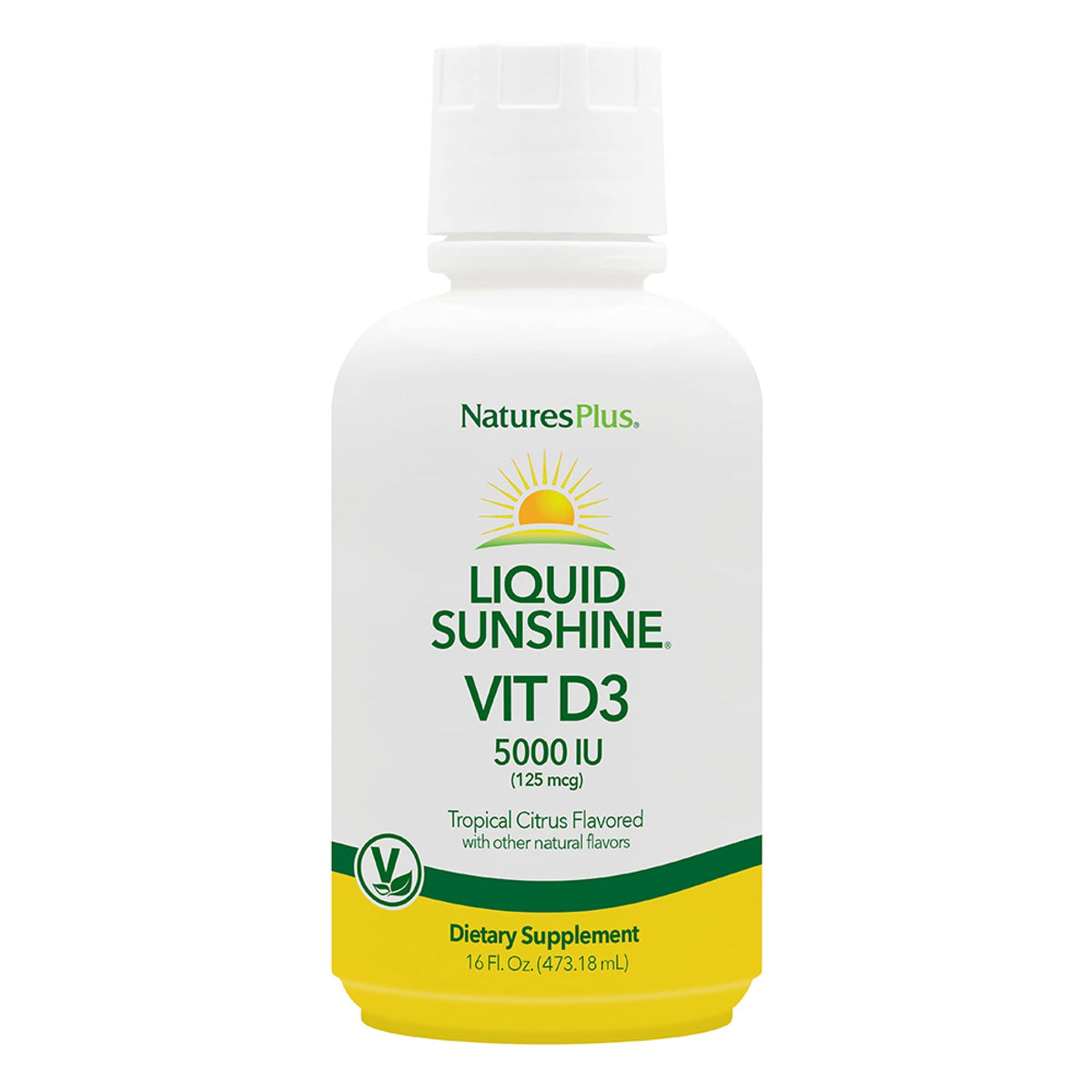 Bottle front of Natures Plus Liquid Sunshine Vitamin D3 5000 IU Tropical Citrus flavor