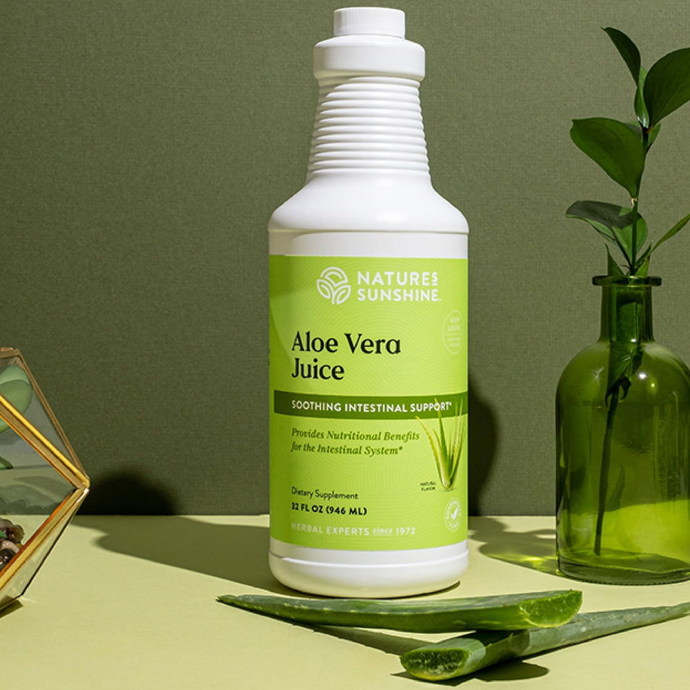 Nature's Sunshine Aloe Vera Juice 32 oz bottle label close-up