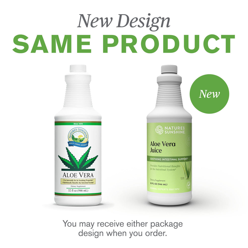 Packaging and artwork for Nature's Sunshine Aloe Vera Juice 32 oz