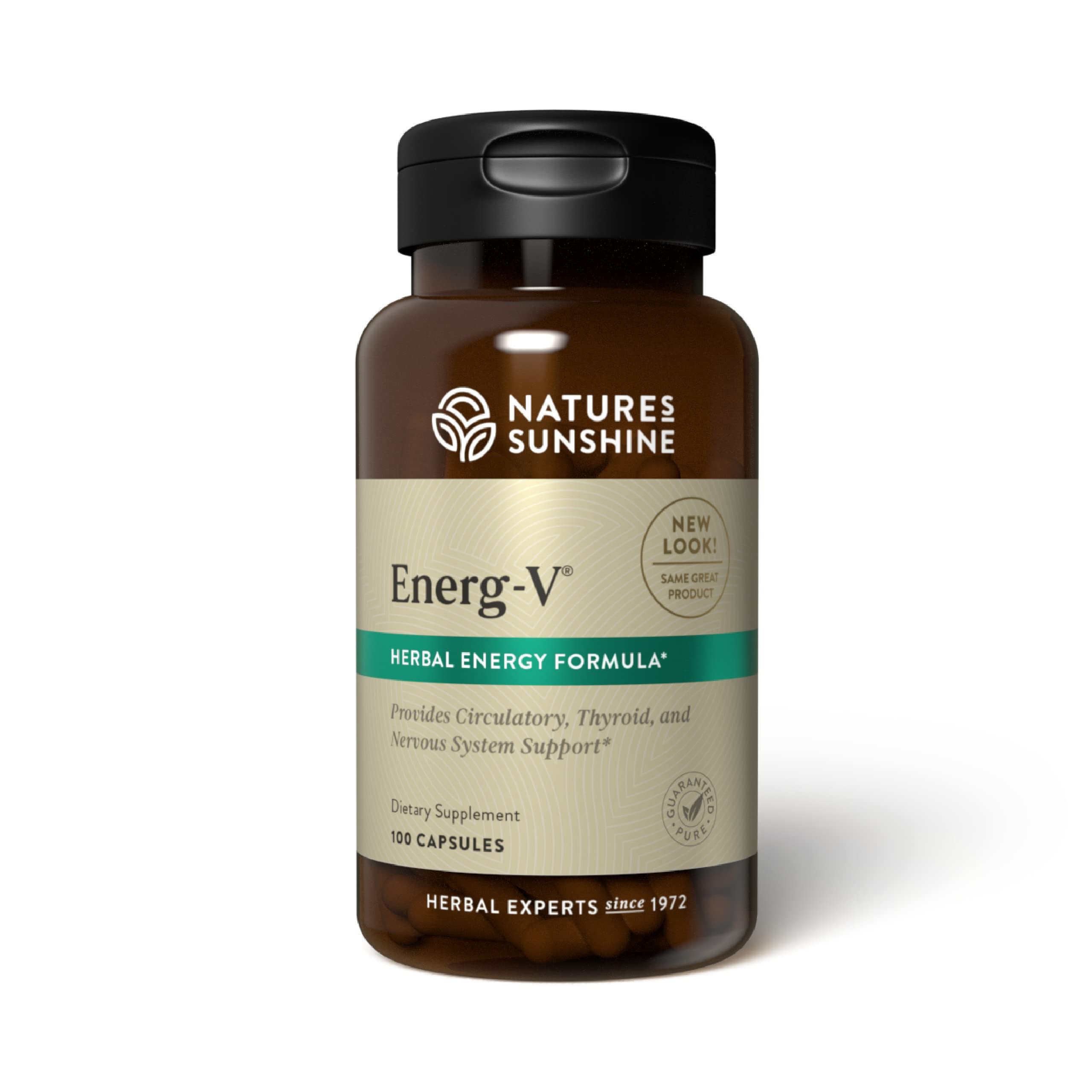 Nature's Sunshine Energ-V 100 capsules bottle on a wooden surface