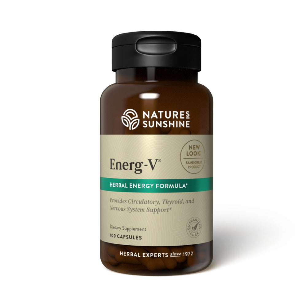 Nature's Sunshine Energ-V 100 capsules bottle on a wooden surface