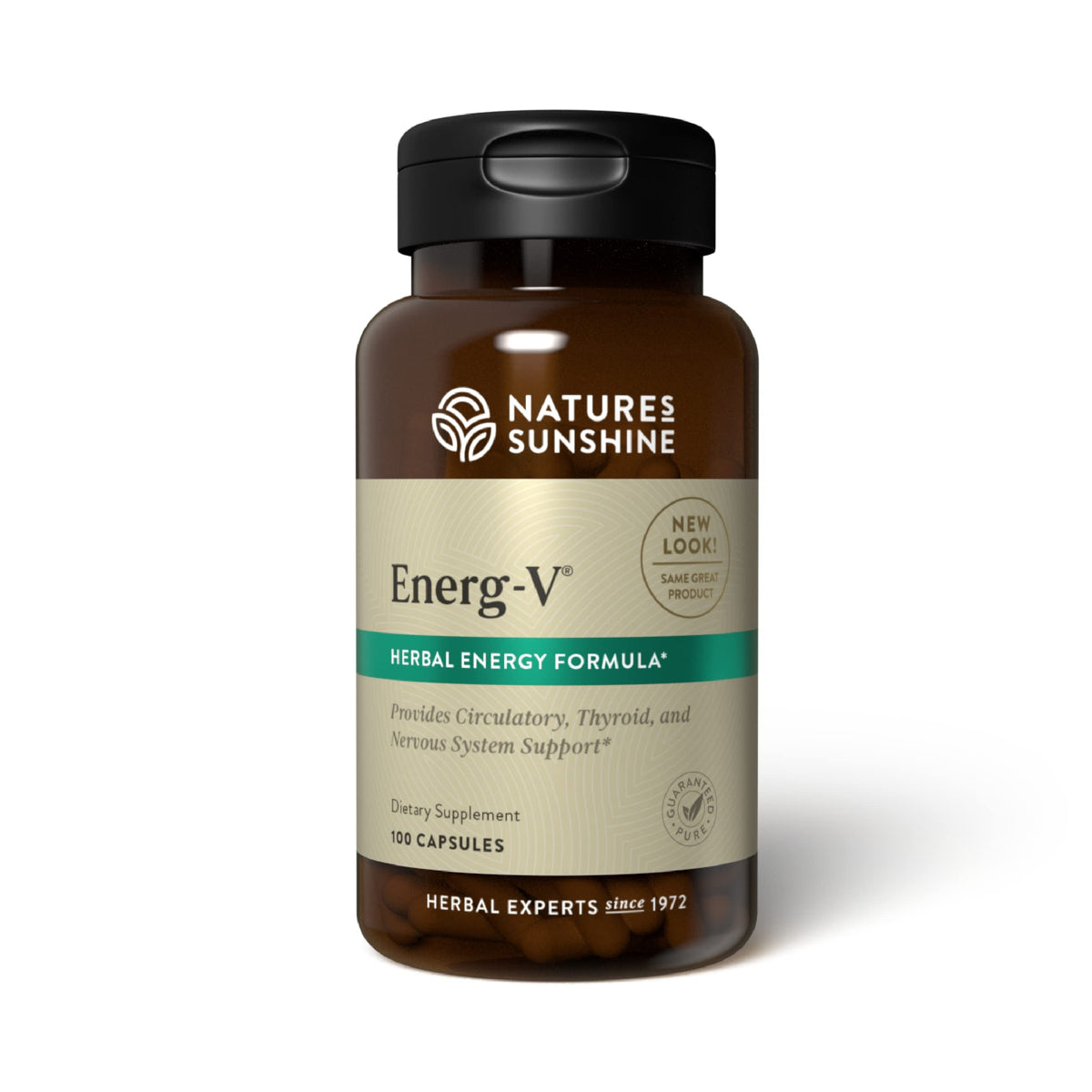 Nature's Sunshine Energ-V 100 capsules bottle on a wooden surface