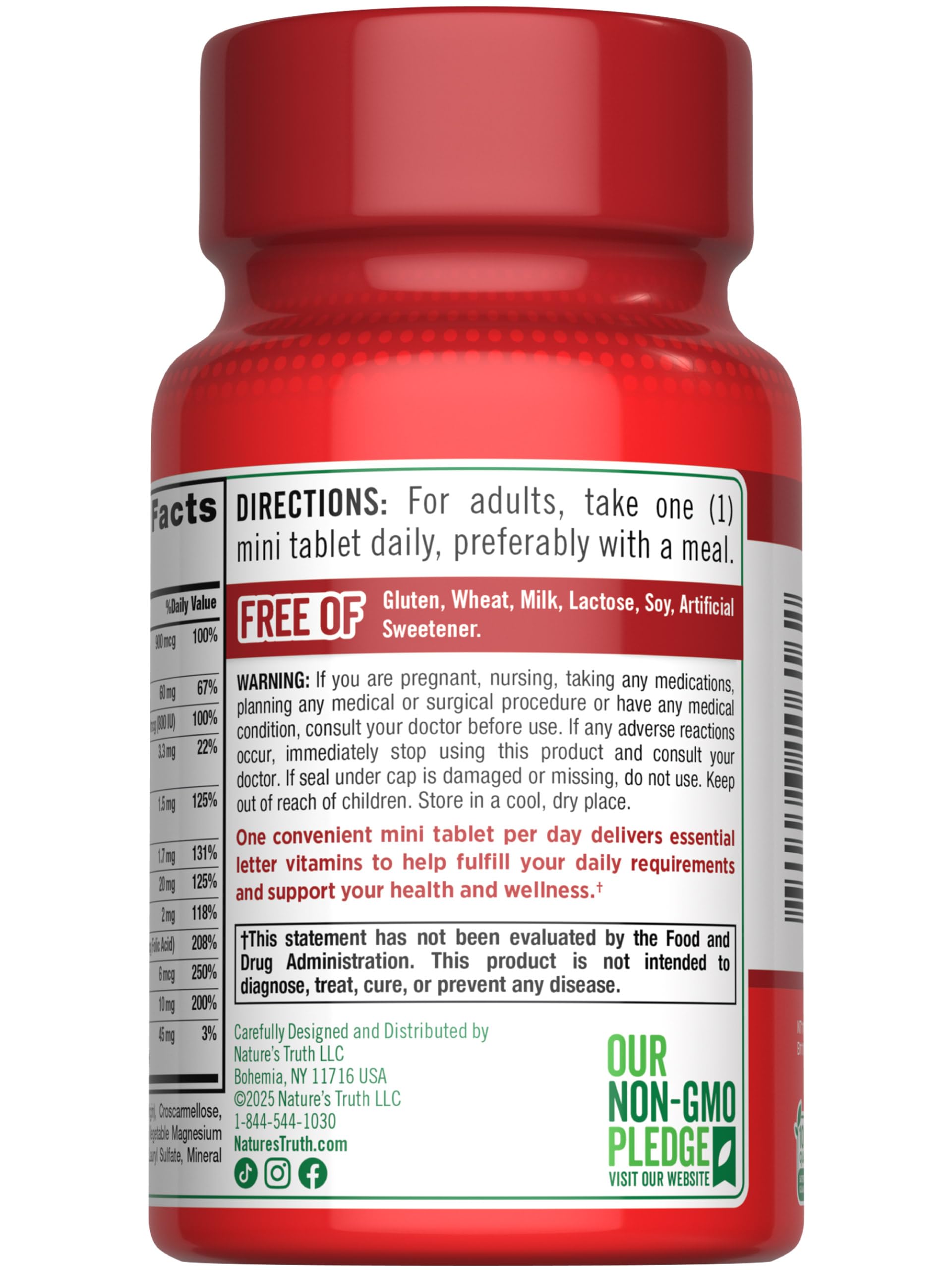 Non-GMO and gluten-free badge on Nature's Truth multivitamin packaging