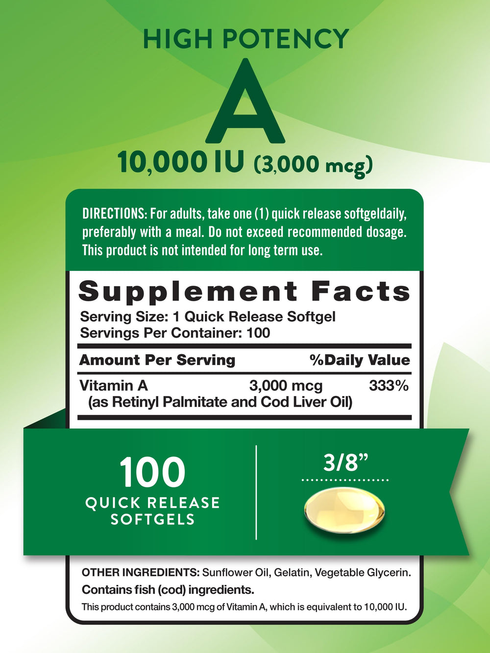 Close-up of Nature's Truth Vitamin A 10000 IU Softgels bottle label