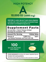 Close-up of Nature's Truth Vitamin A 10000 IU Softgels bottle label
