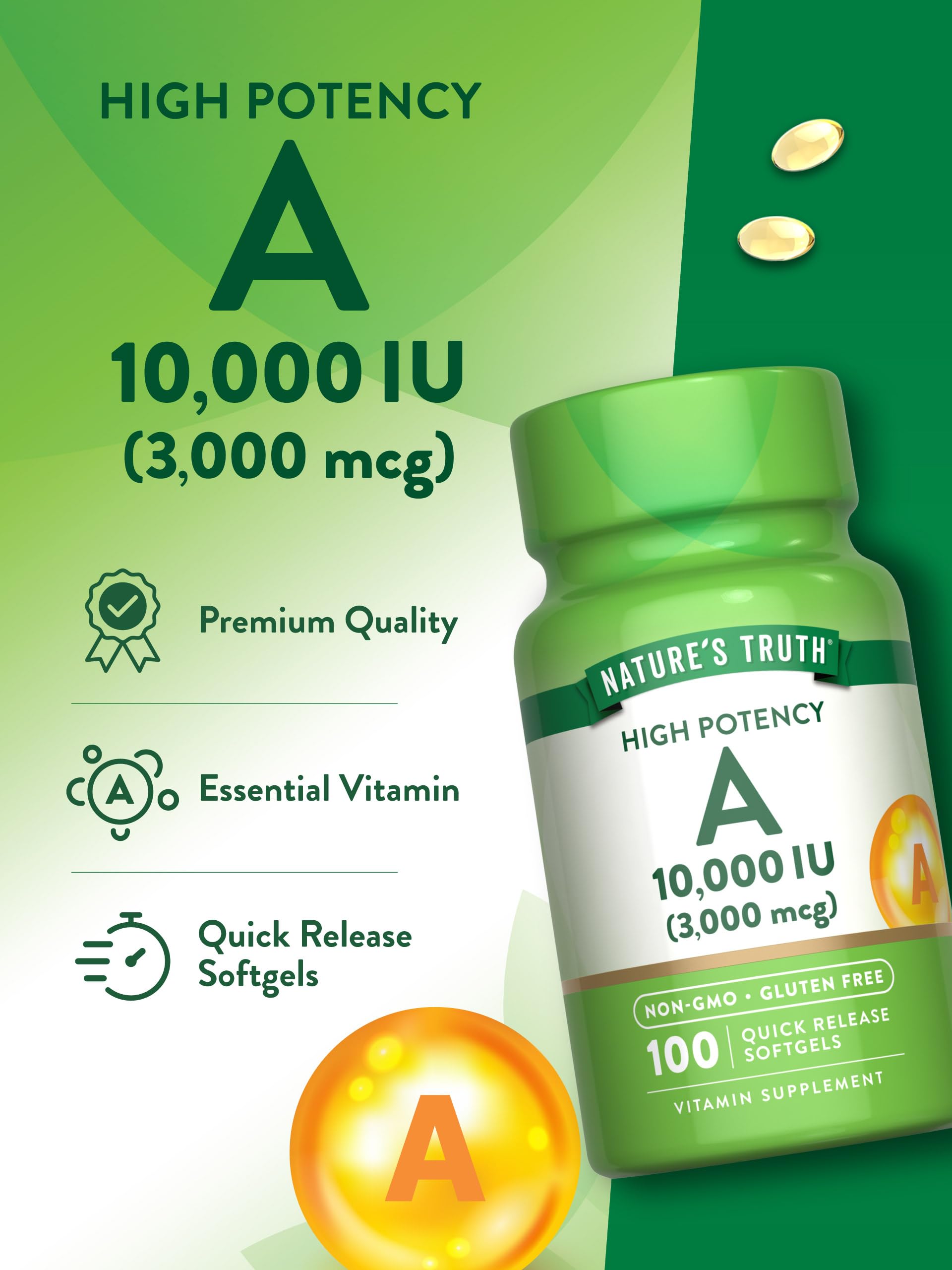Vitamin A softgels bottle on white background