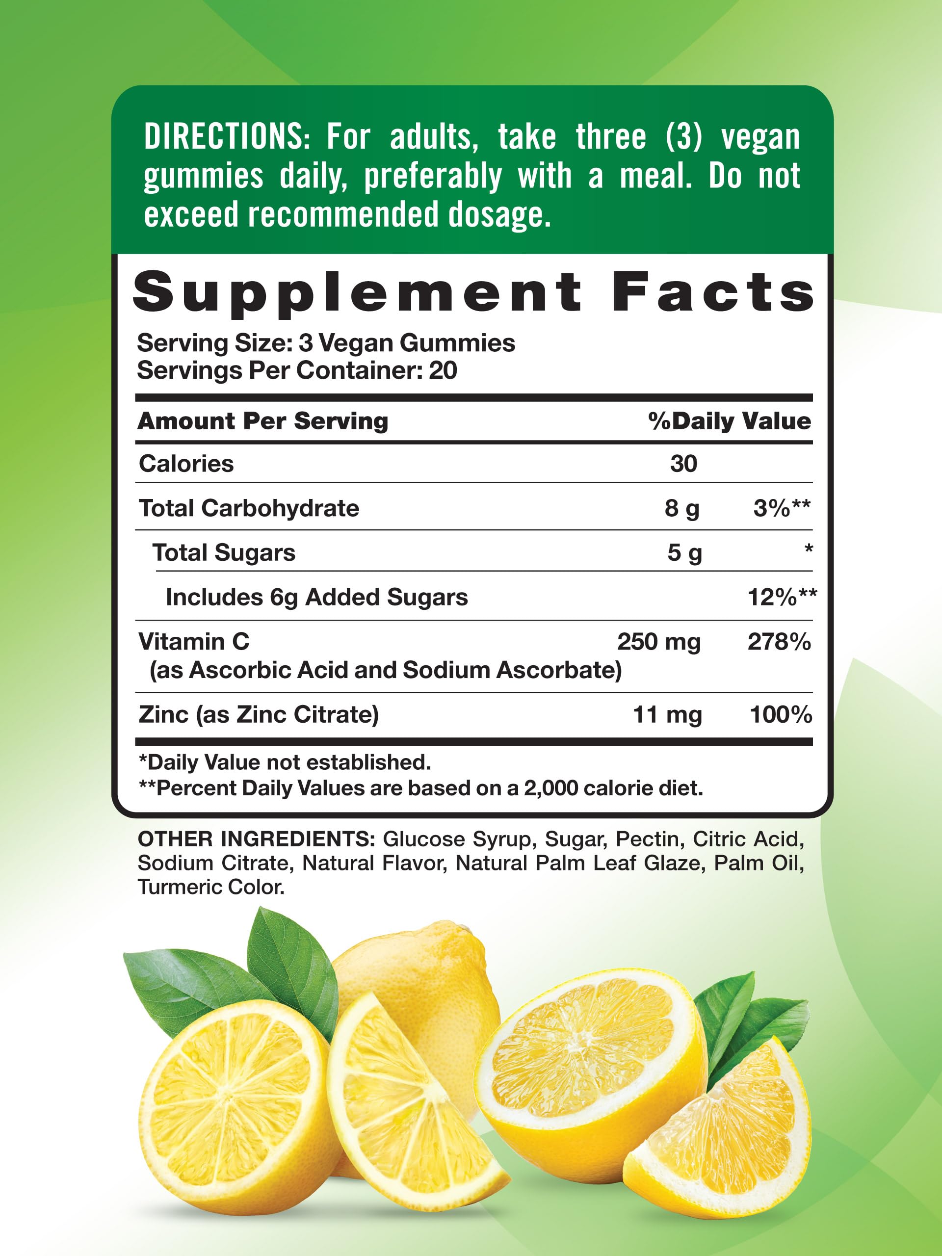 Label showing Vitamin C 250 mg and Zinc 11 mg