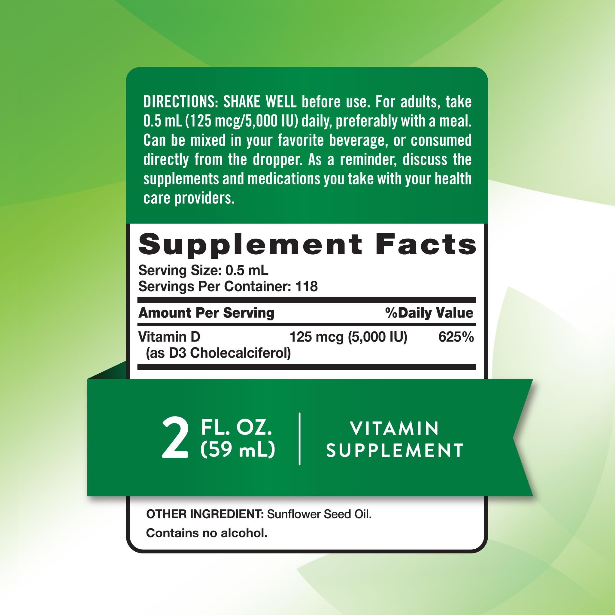 Label displaying Vitamin D3 5000 IU and 2 fl oz packaging