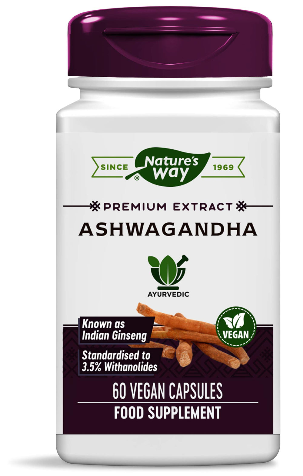 Front view of Nature's Way Ashwagandha 60 Veggie Caps