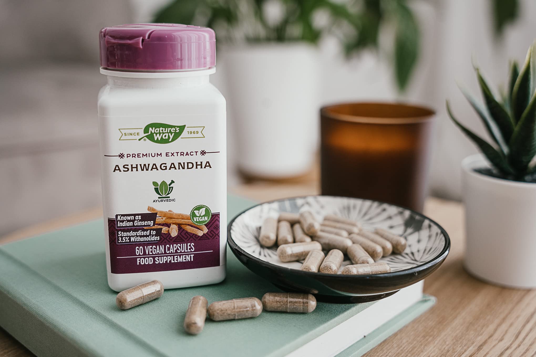 Close-up of Nature's Way Ashwagandha veggie capsules