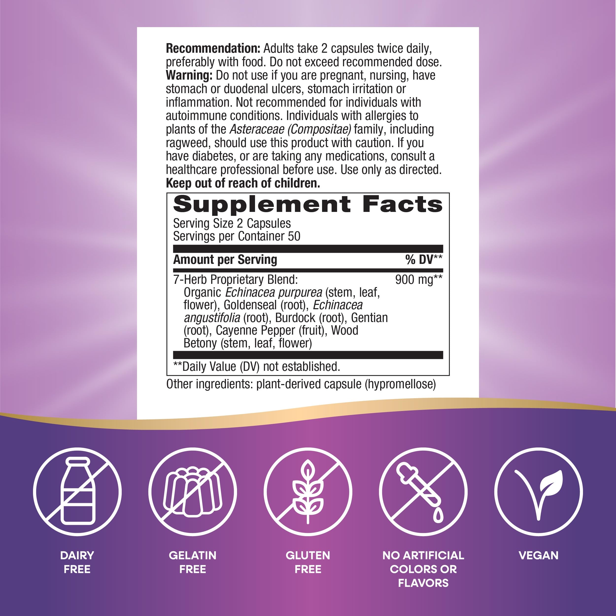 Close-up of the proprietary 7-herb blend with Echinacea purpurea and goldenseal