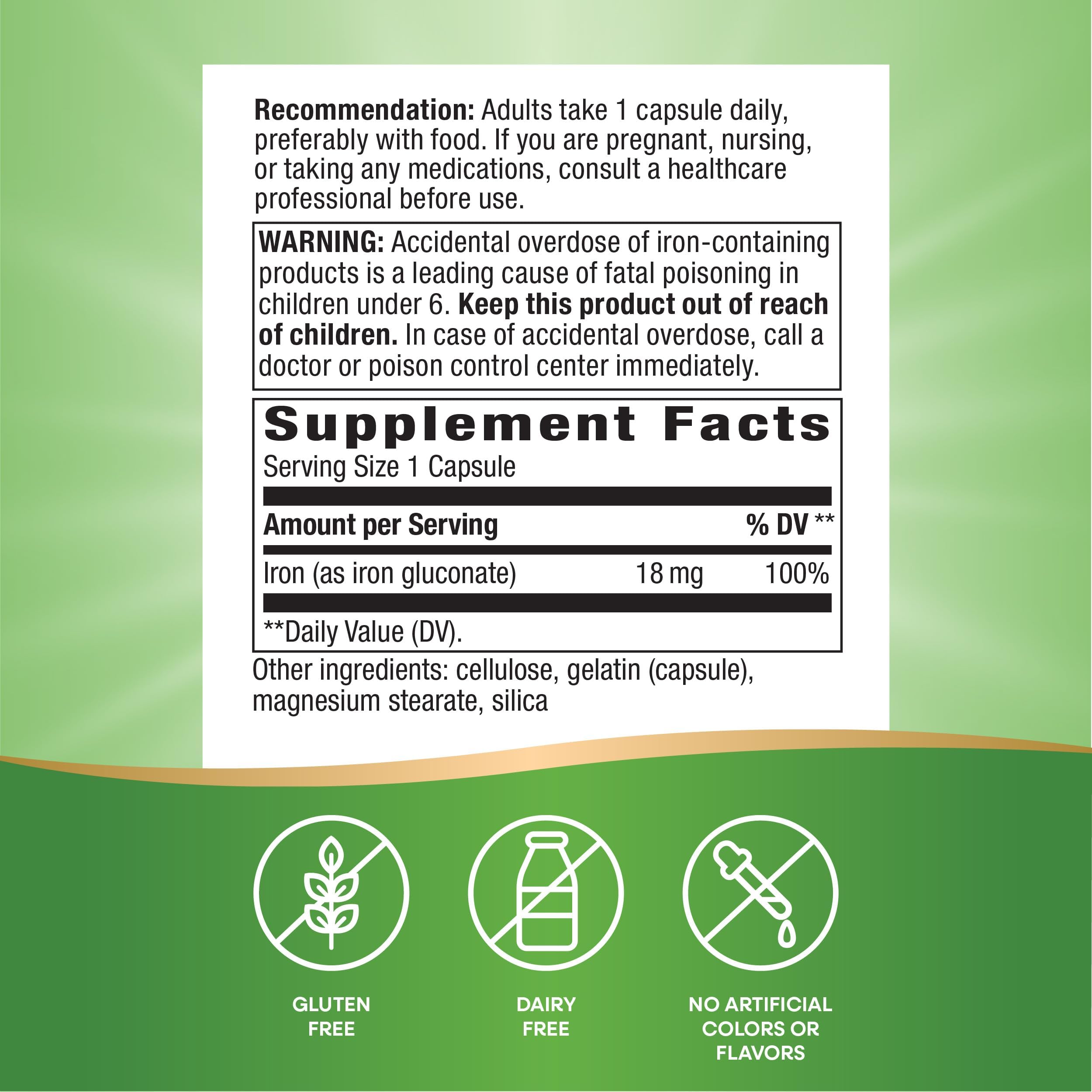 Label showing 18 mg iron per serving from iron gluconate