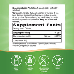 Niacinamide capsules showing 500 mg per serving