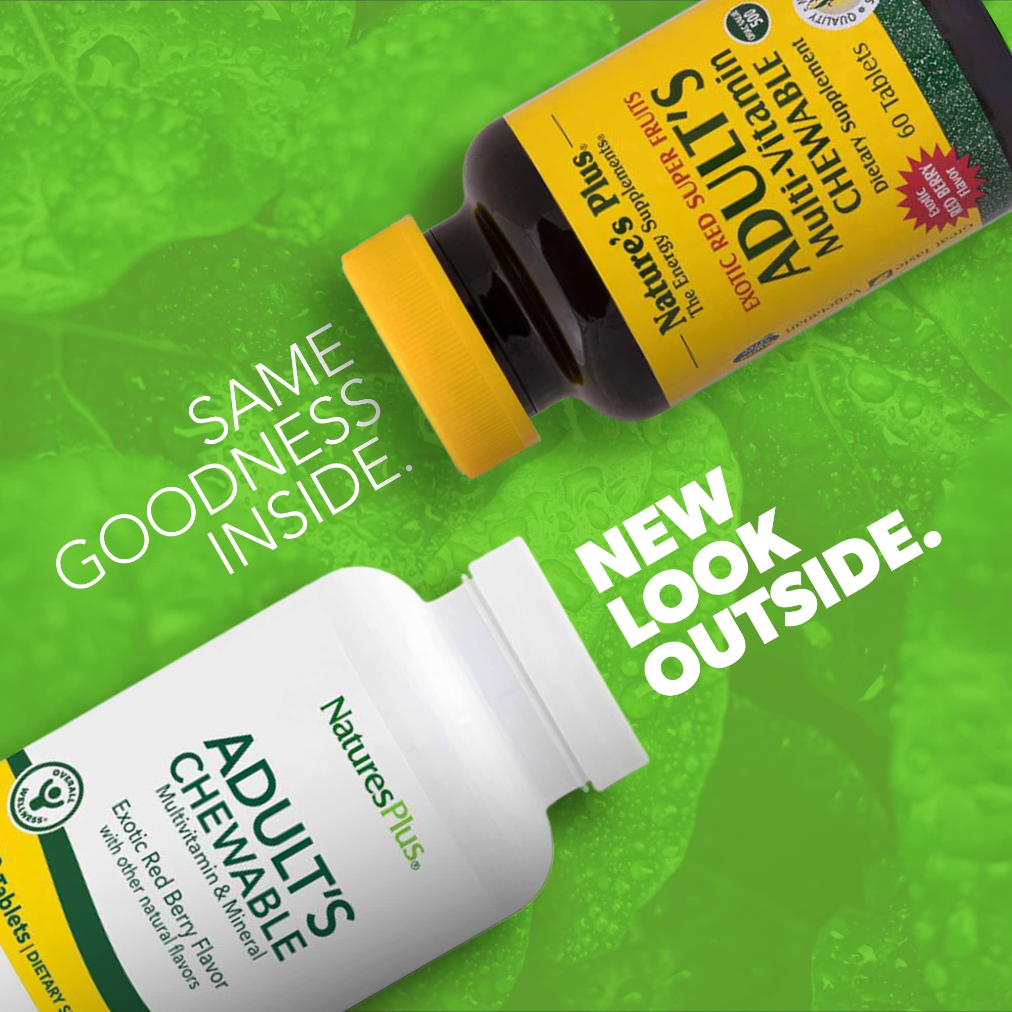 Close-up of bottle label for NaturesPlus Adult's Chewable 60 tablets