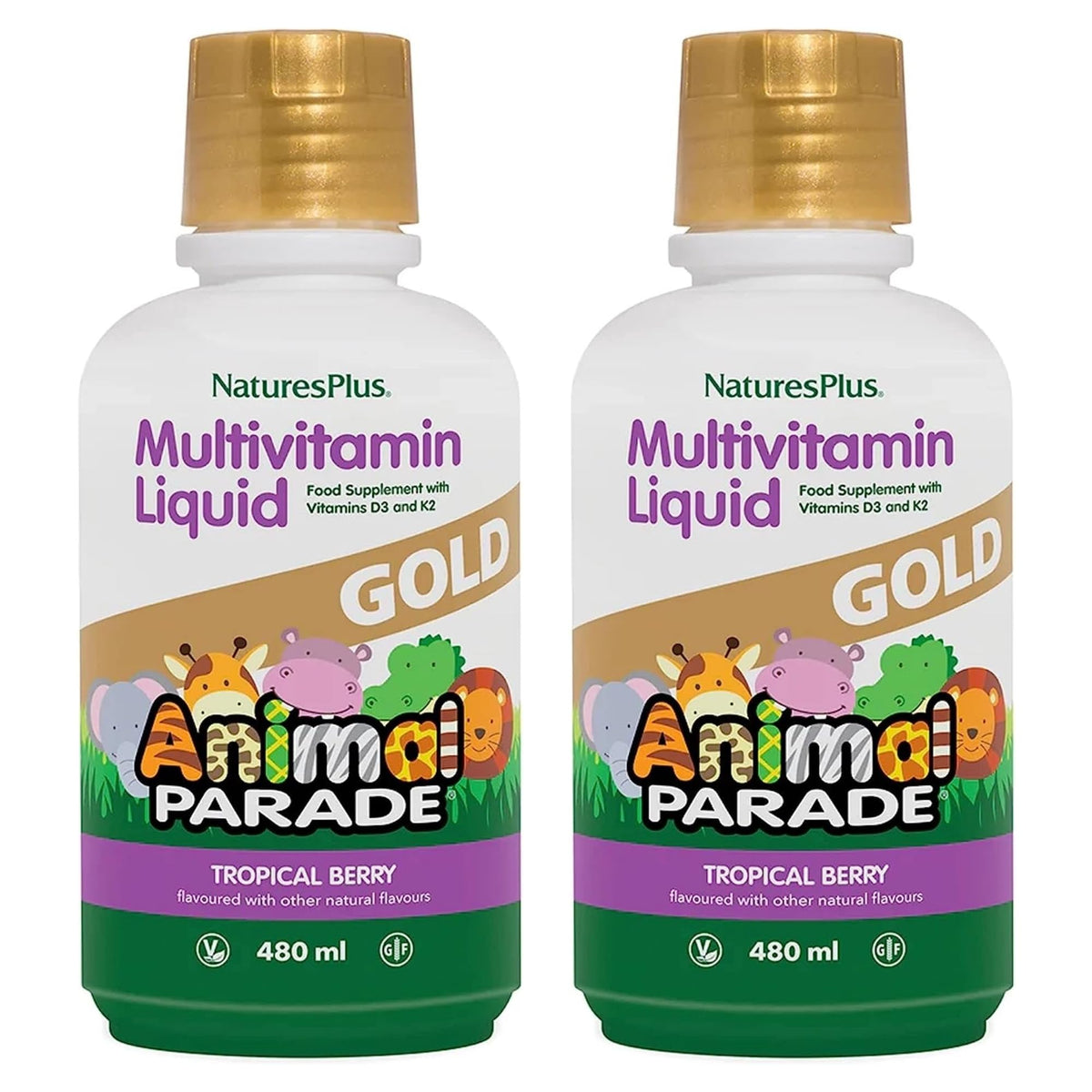 Front view of NaturesPlus Animal Parade Gold Kids Multivitamin 16oz 2-pack