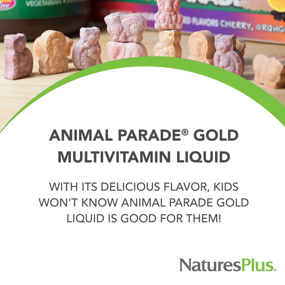 Product label for NaturesPlus Animal Parade Gold Kids Multivitamin 16oz 2-pack
