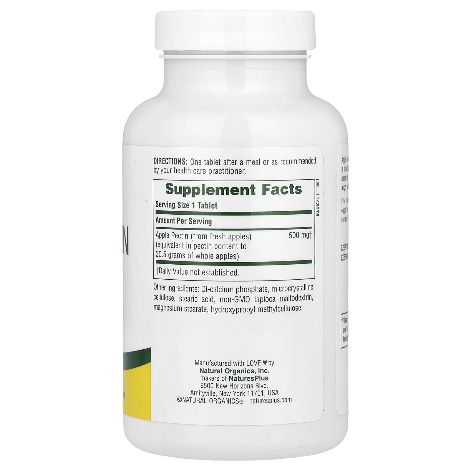 NaturesPlus Apple Pectin 500 mg bottle label close-up