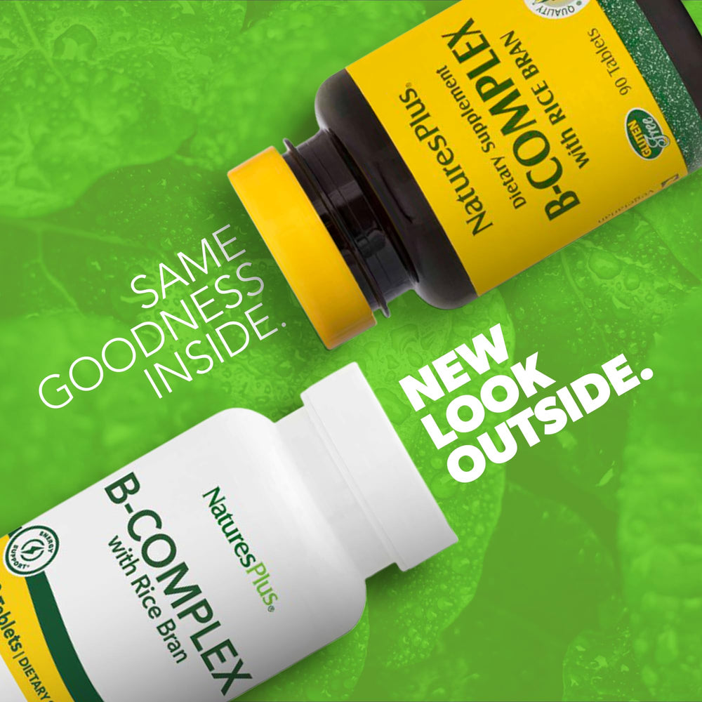 Close-up of NaturesPlus B-Complex with Rice Bran bottle