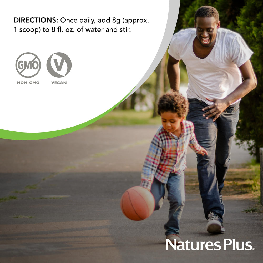 NaturesPlus Beet Powder daily-use setup with scoop in a glass shows versatile nutrition.